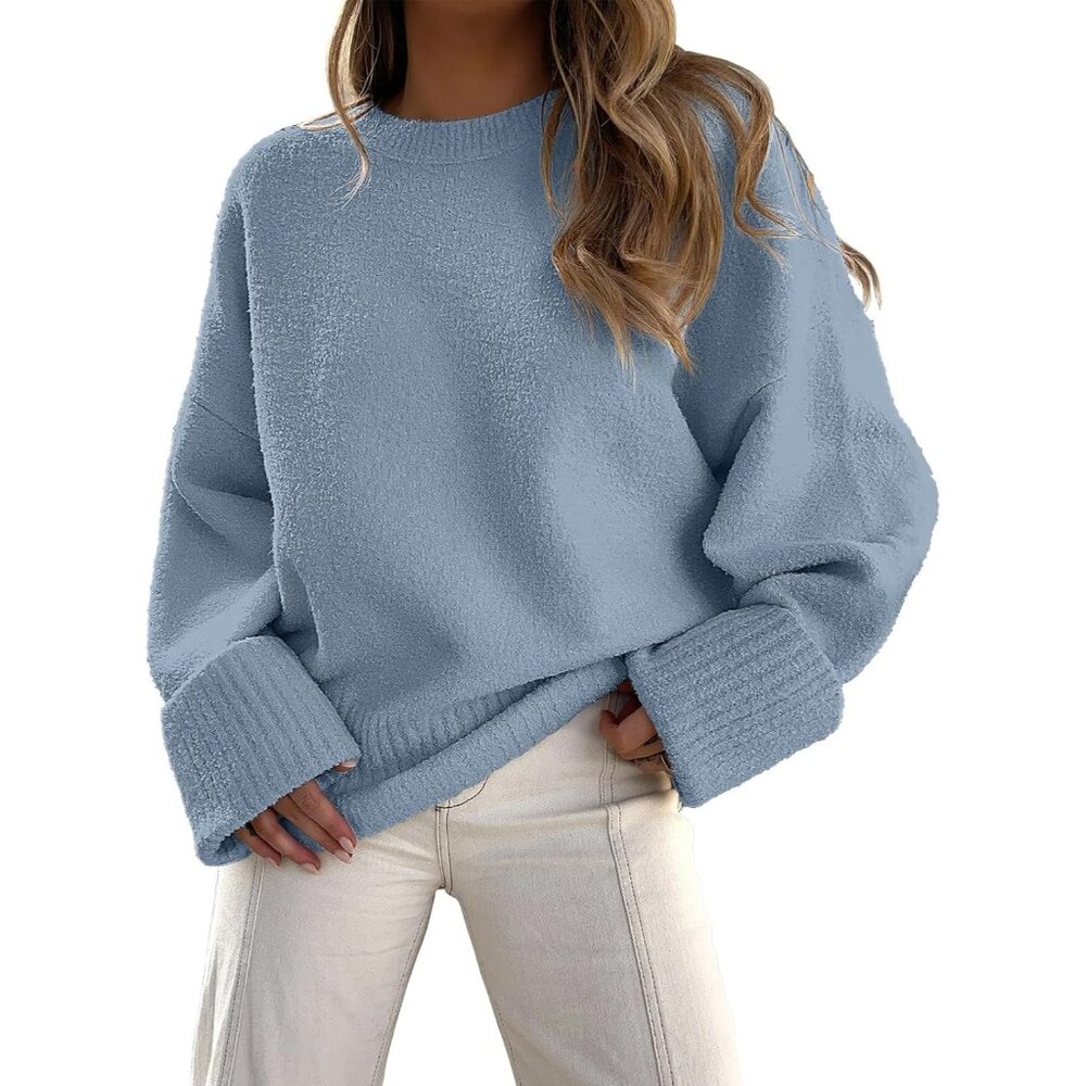 Women's Oversized Sweater Fuzzy Lake Blue Long Sleeve Casual Chunky Pullover